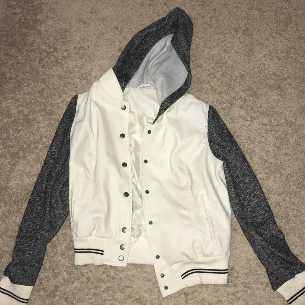 Leather jacket with cotten sleeves and hood